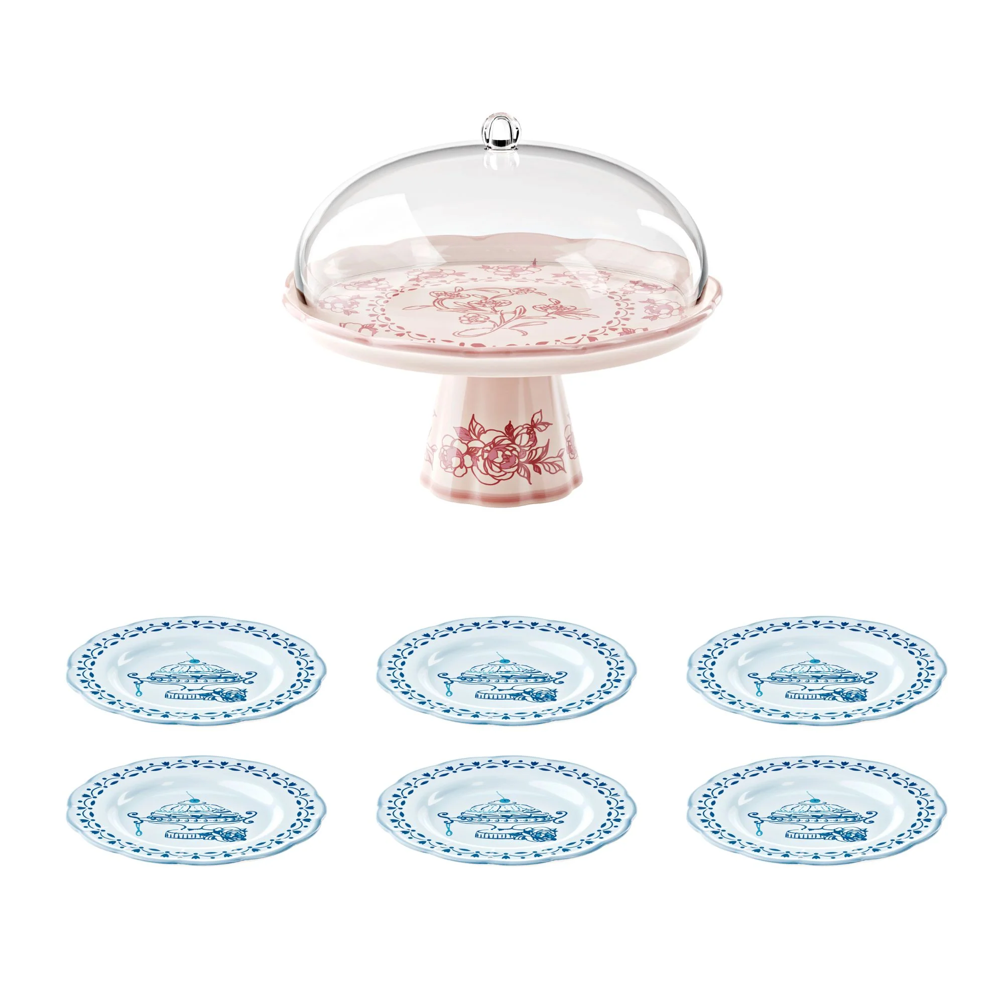 CAKE STAND WITH DOME AND 6 COORDINATED DESSERT PLATES "JOSEPHINE" - Image 3
