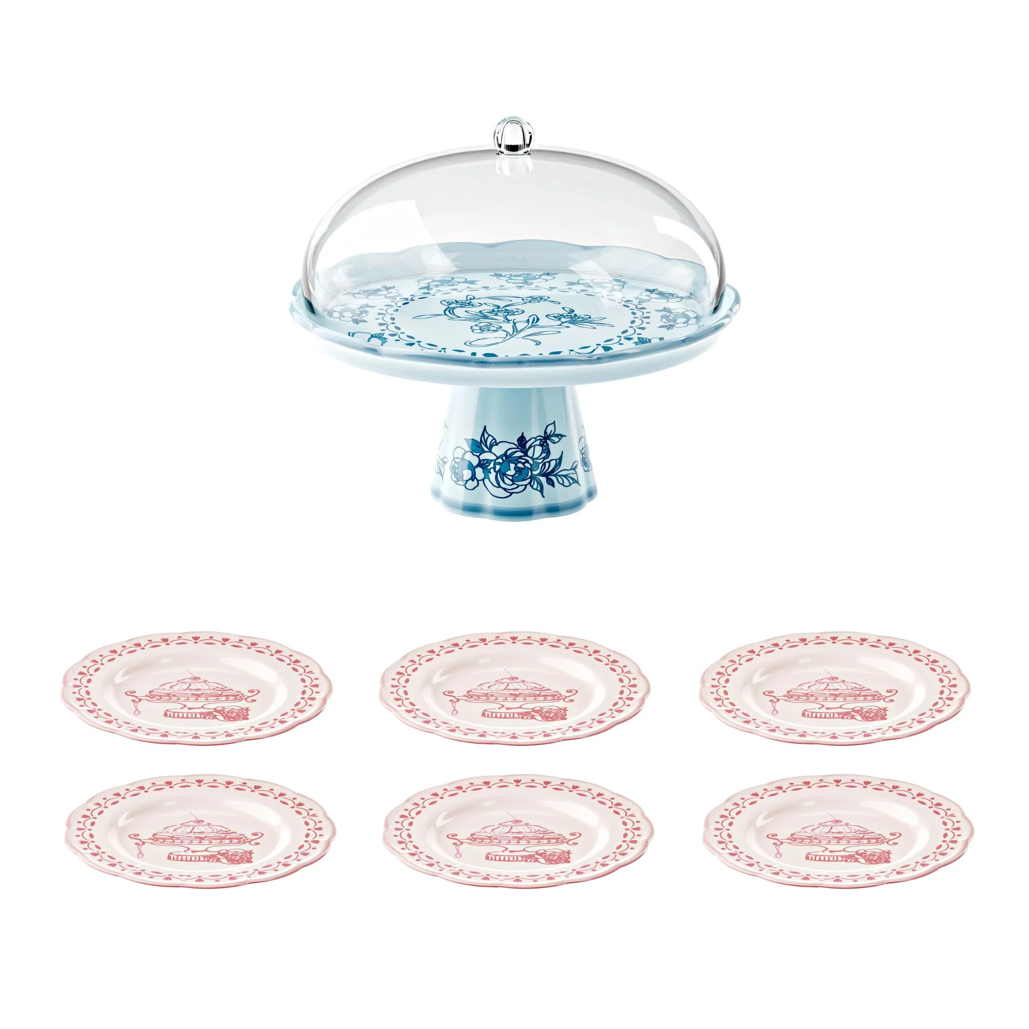 CAKE STAND WITH DOME AND 6 COORDINATED DESSERT PLATES "JOSEPHINE" - Image 4